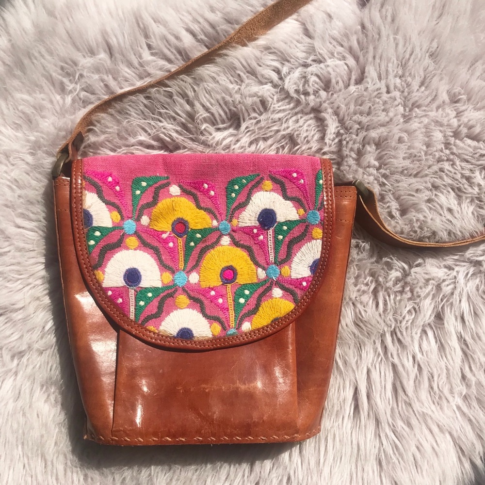 Vintage Embroidered Pink Geometric Leather Bag